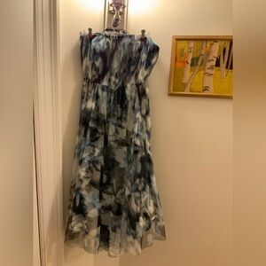 Sachin & Babi Chic Strapless Women's Dress in Blue and Black ikat design.